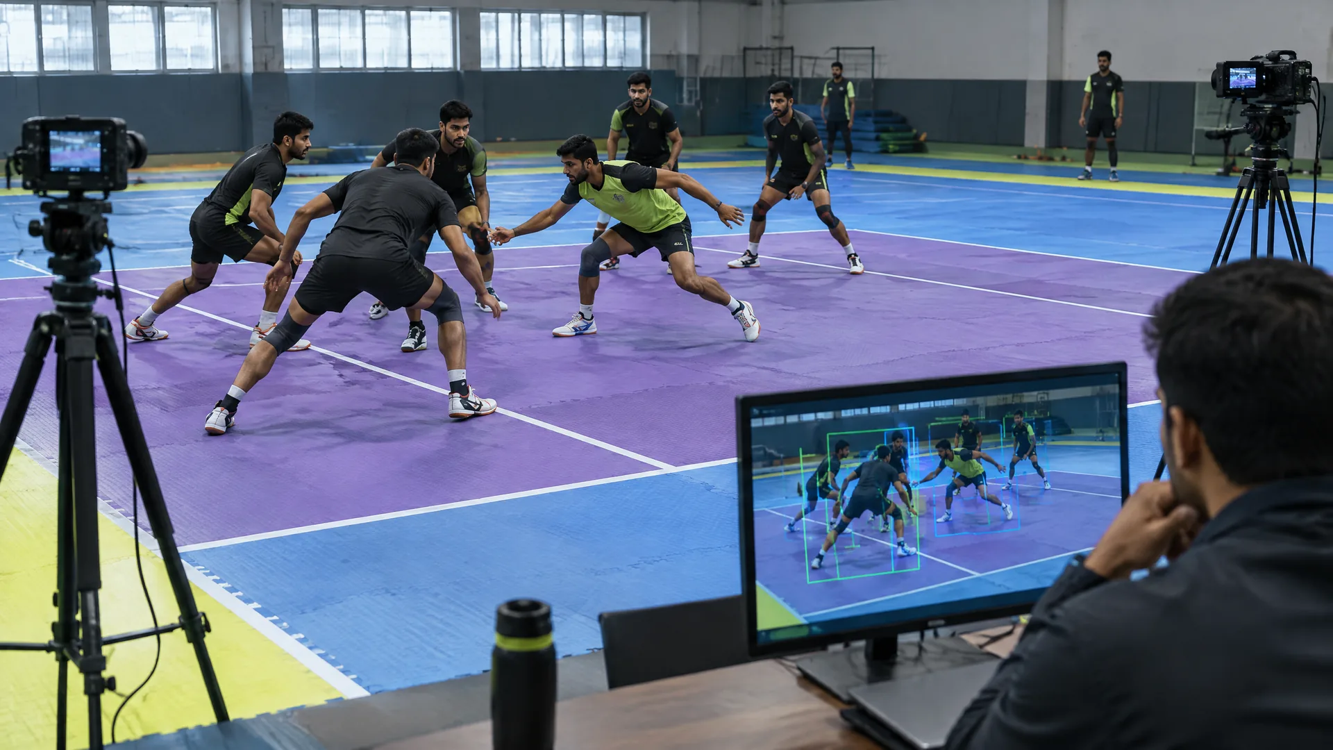 Kabaddi players train between fixed cameras while an analyst reviews tracking boxes
