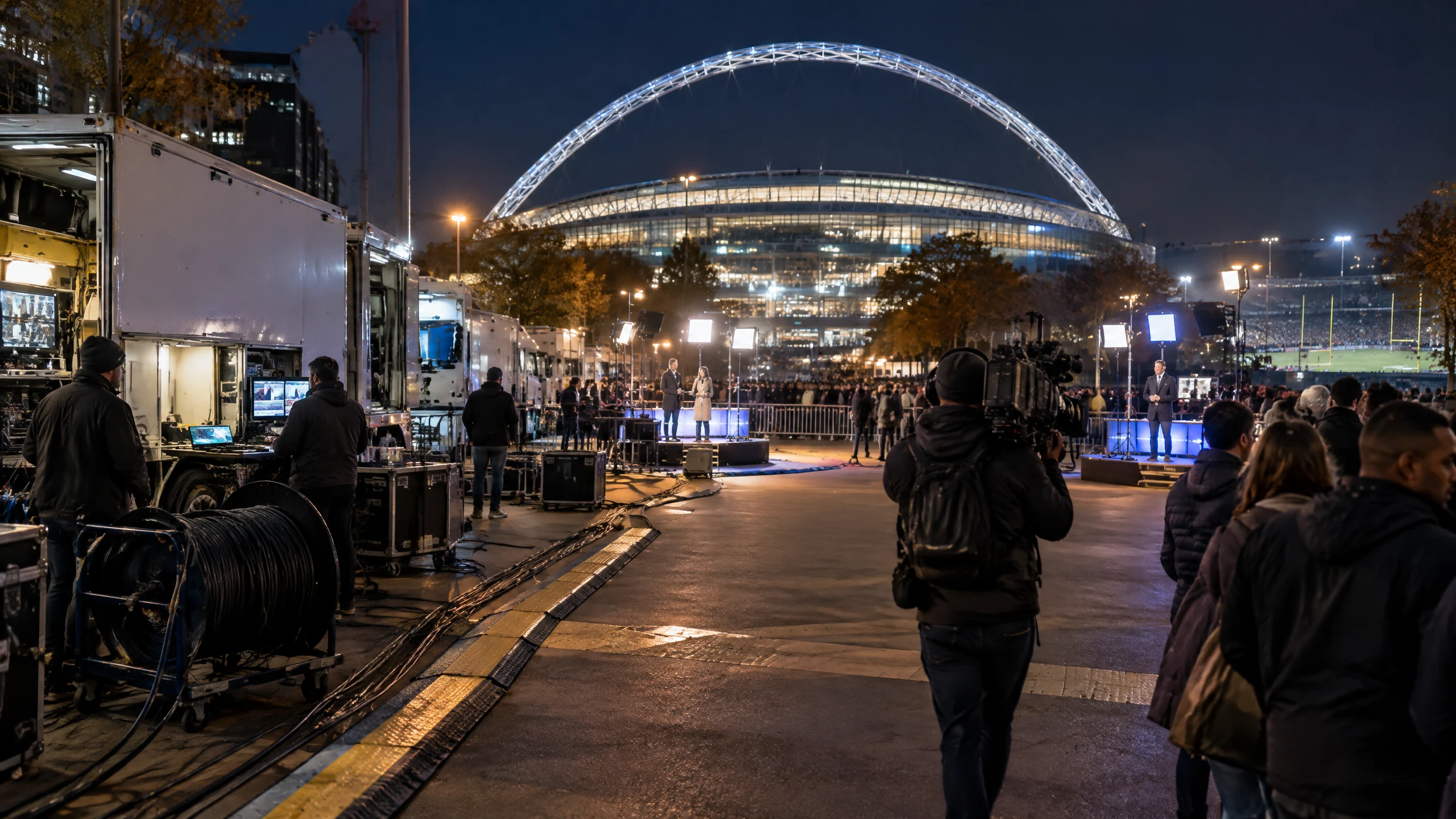 A night-time sports broadcast compound links two outdoor presentation sets beside an arch stadium as a mobile camera operator moves through the crowd.
