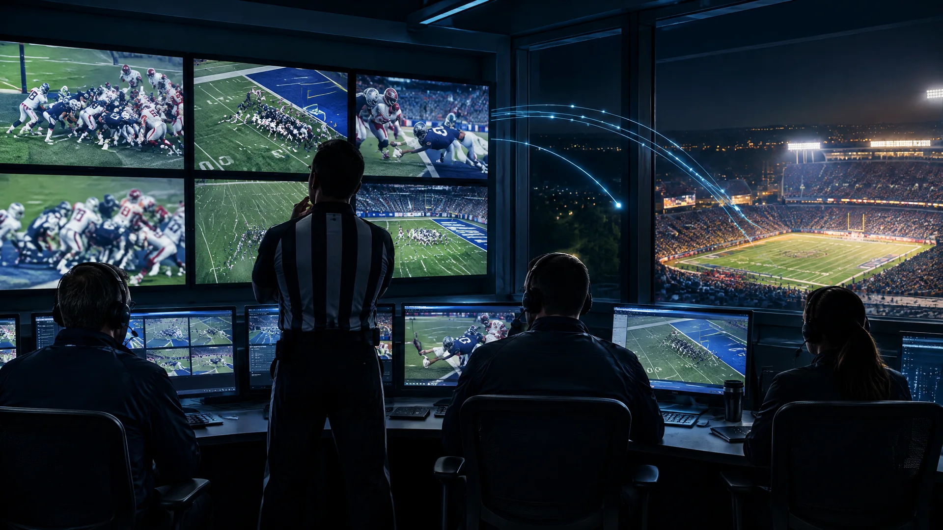 College football replay team reviewing multiple unbranded stadium camera feeds.