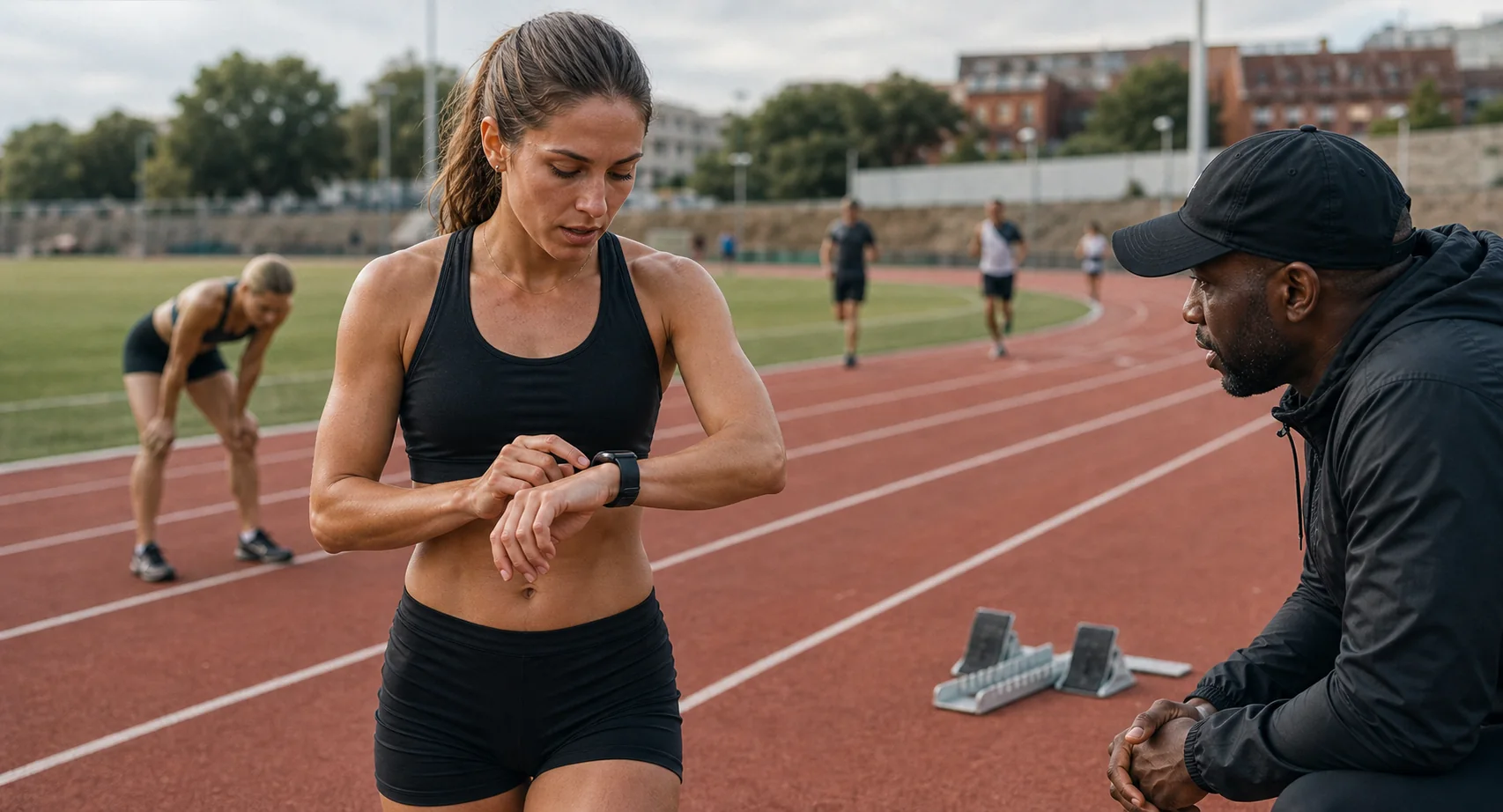 Competitive runner checking a performance smartwatch on a marked athletics track beside a coach and starting blocks