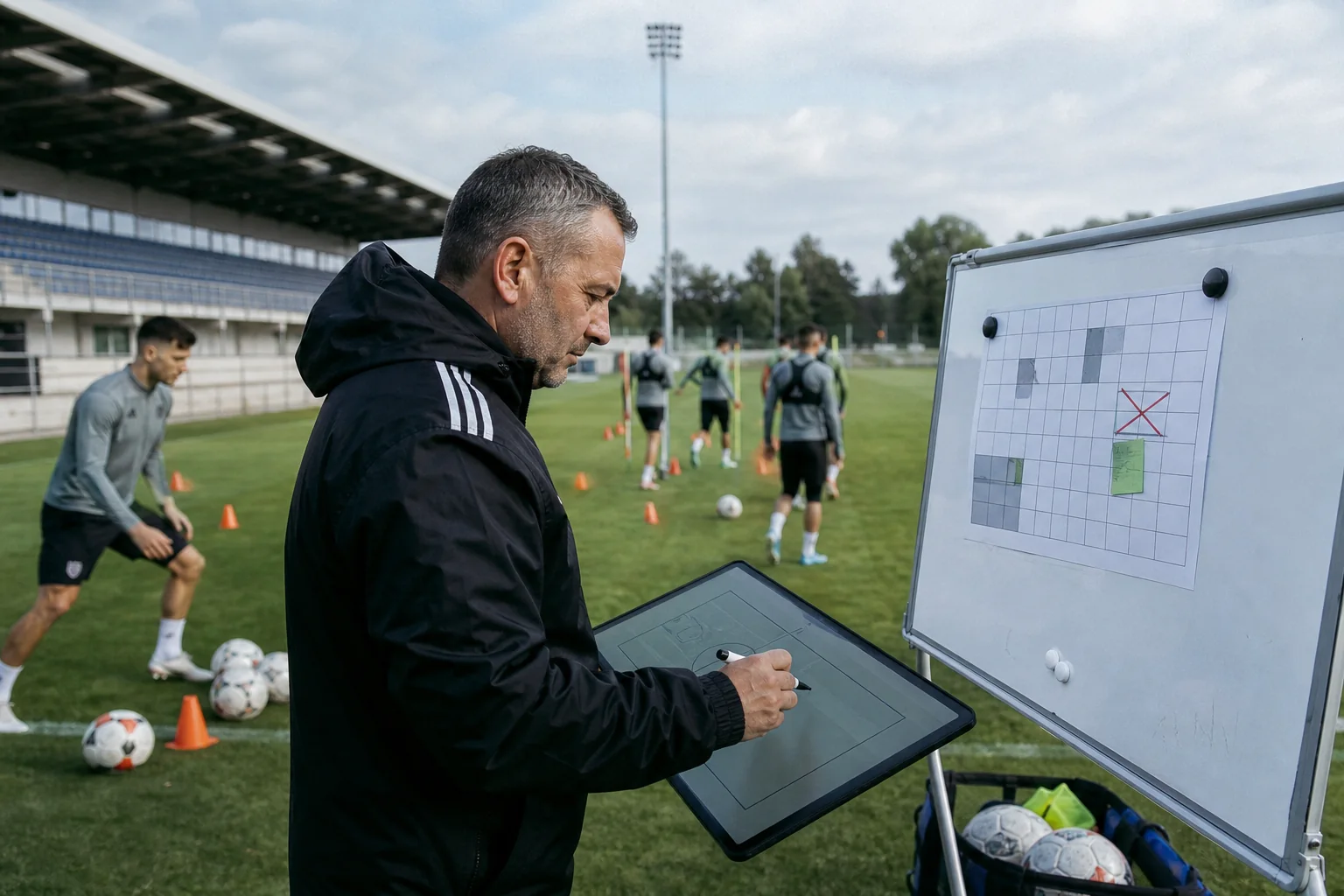 A football coach revising a weekly training microcycle beside a pitch, with players, cones, balls, and a fixture board showing a changed match date