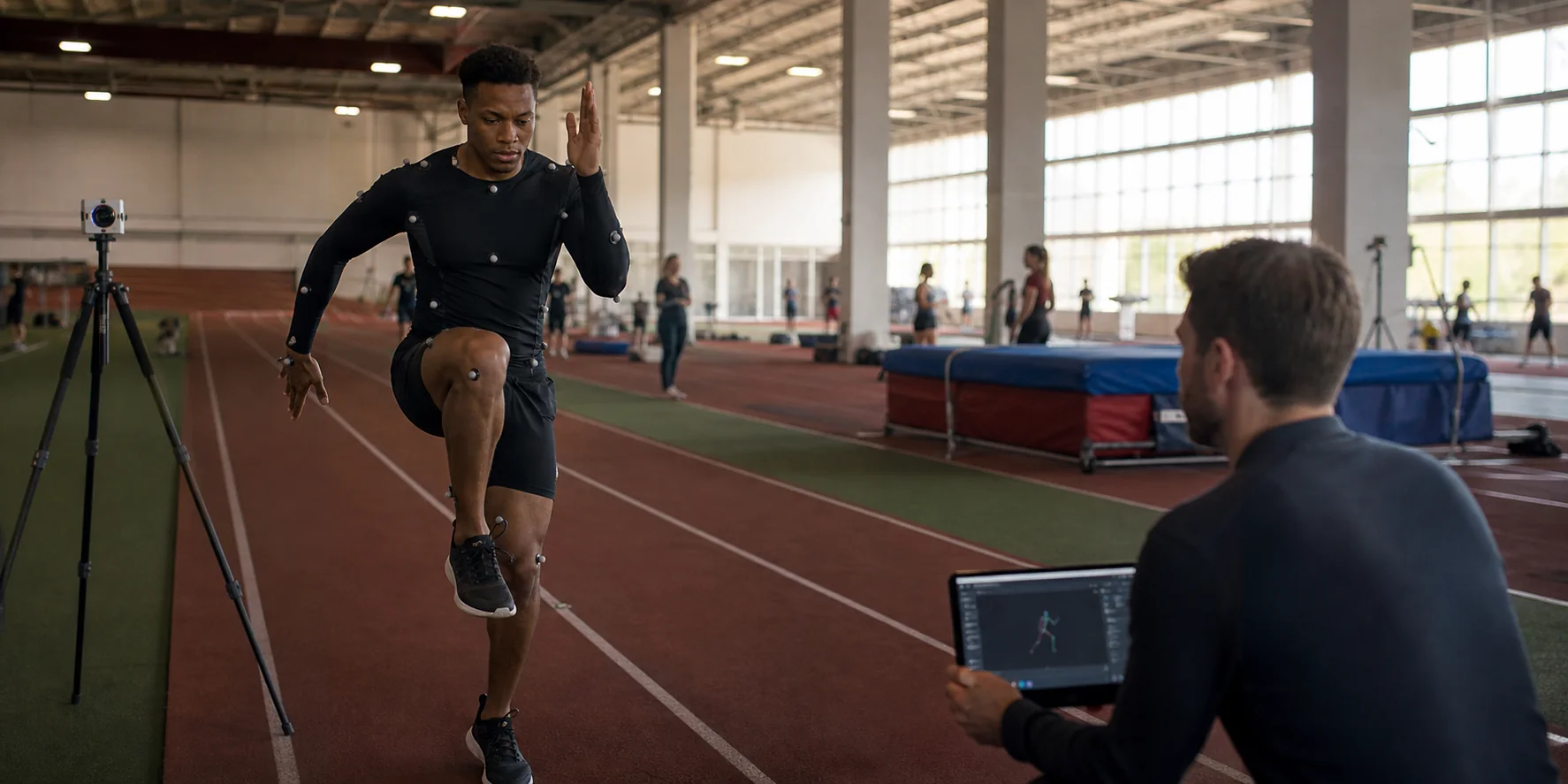 A track athlete performing a movement screen with visible motion markers while a coach observes beside an indoor track