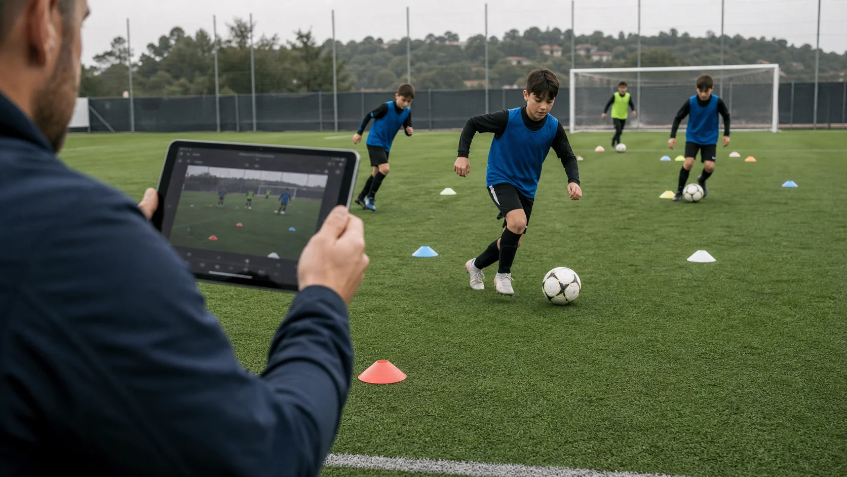 Youth footballers learning through a constrained small-sided dribbling drill in a clearly marked cone grid with several footballs