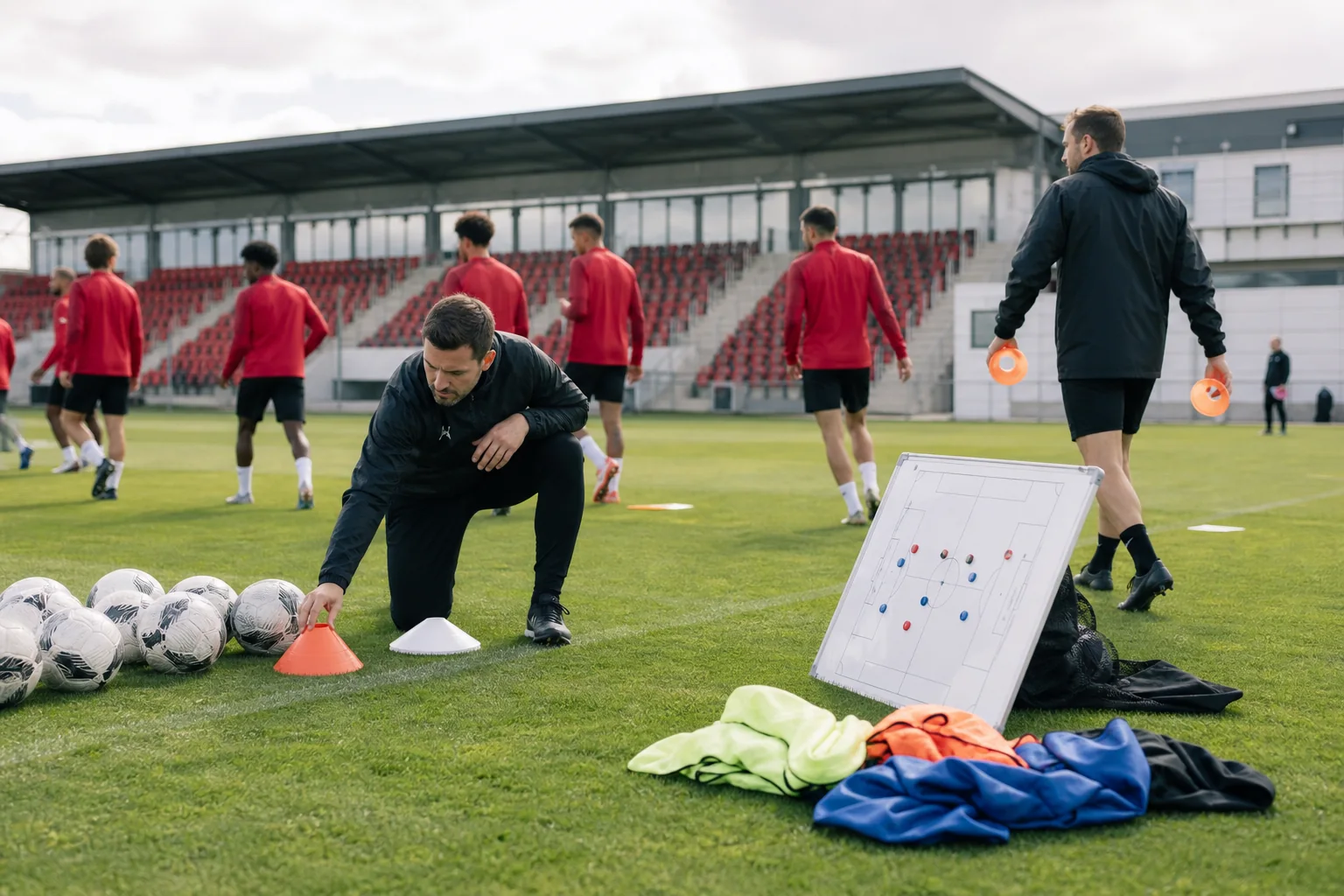 Coaches setting out cones, bibs, balls, and a tactics board for a football training session on a marked pitch
