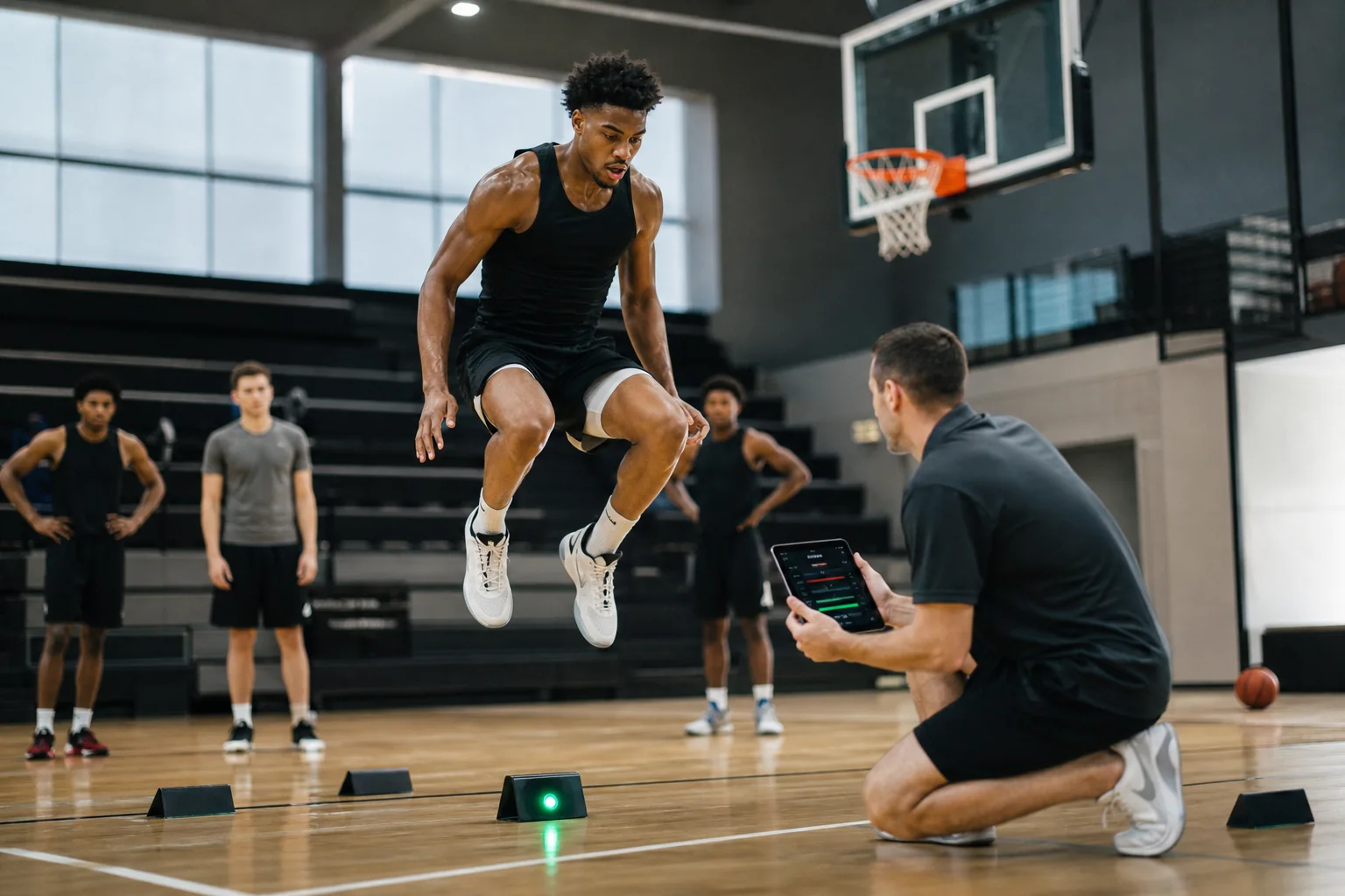 A basketball player repeatedly jumping and landing during a coached drill on a court, with a hoop and basketball clearly visible