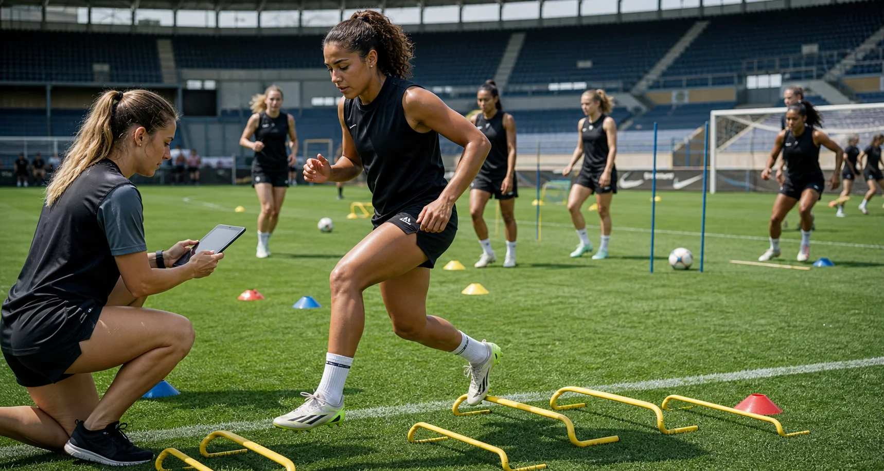 A women's football squad completing individually tailored fitness stations with coaches, balls, cones, and a pitch in view