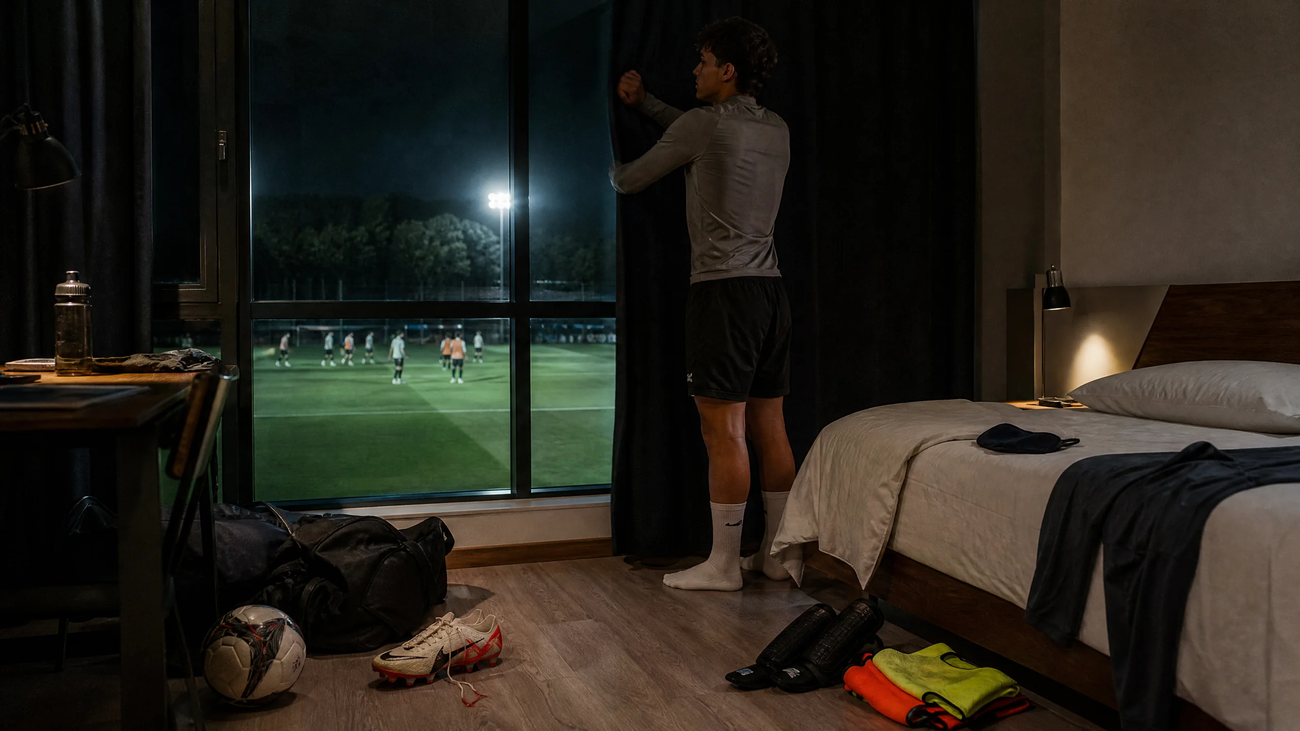 Footballer closing blackout curtains in a training-camp bedroom with football kit and a floodlit pitch visible