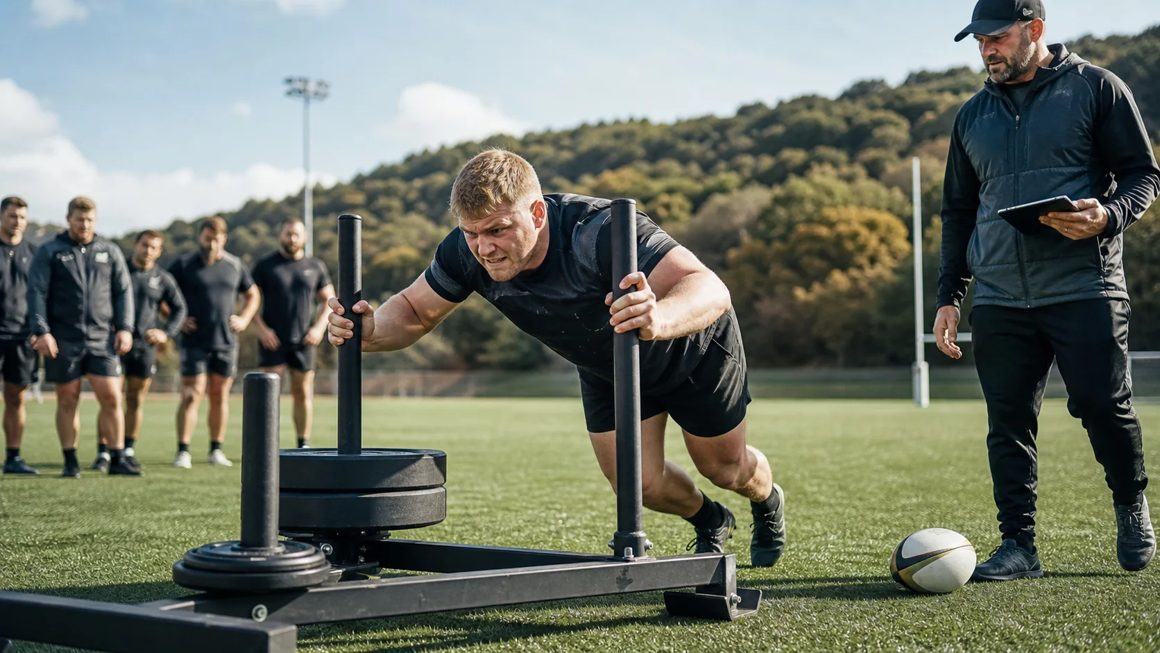 A rugby player in team kit completing a powerful sled drive or barbell lift under a strength coach, with a rugby pitch and ball visible