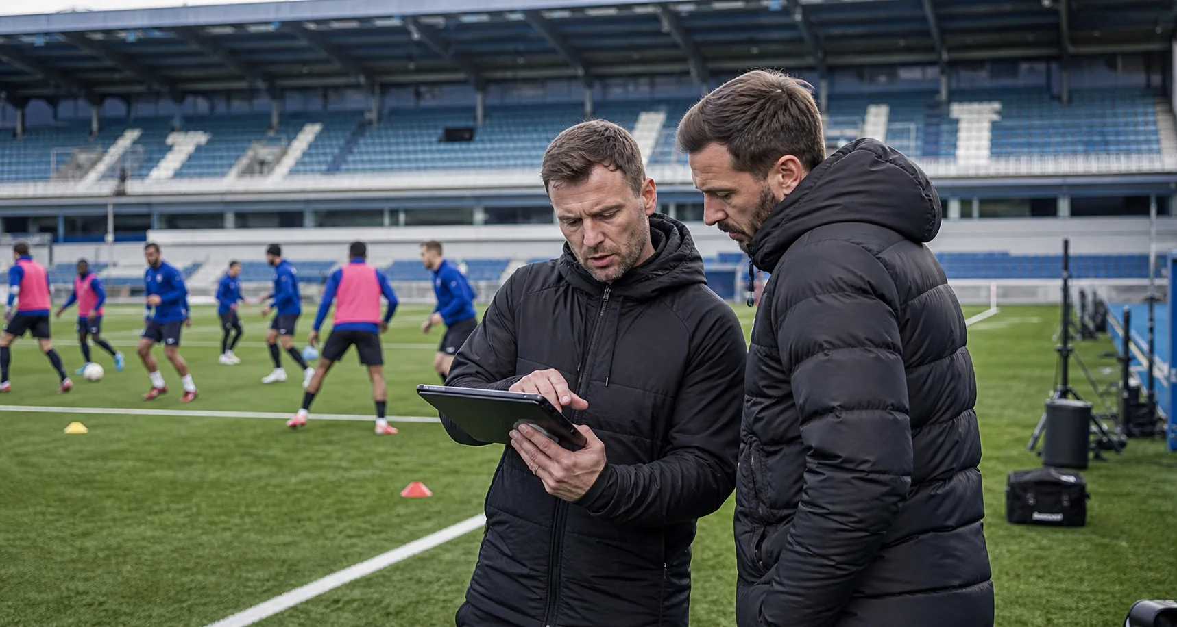 A football analyst and coach discussing a tactical tablet at pitch-side while players conduct a visible training drill behind them