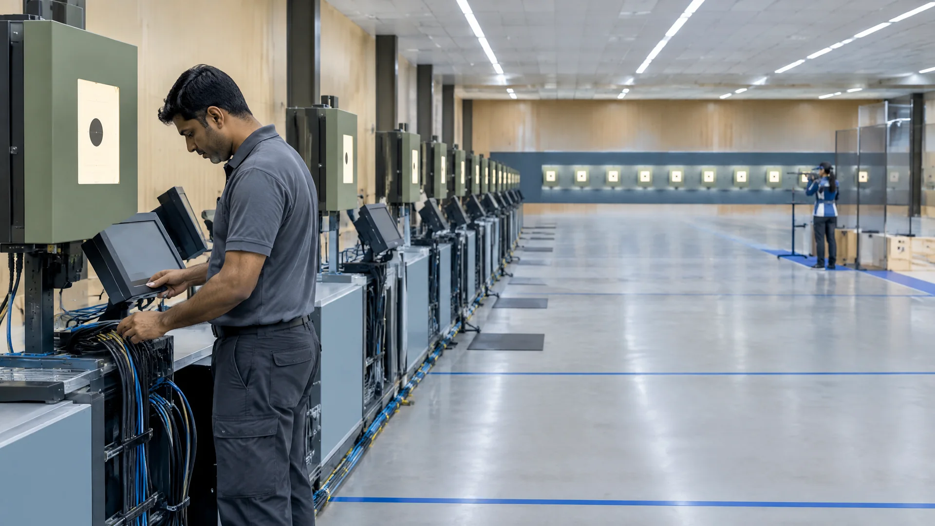 A technician inspects digital scoring terminals and cables beside electronic targets on an indoor shooting range.