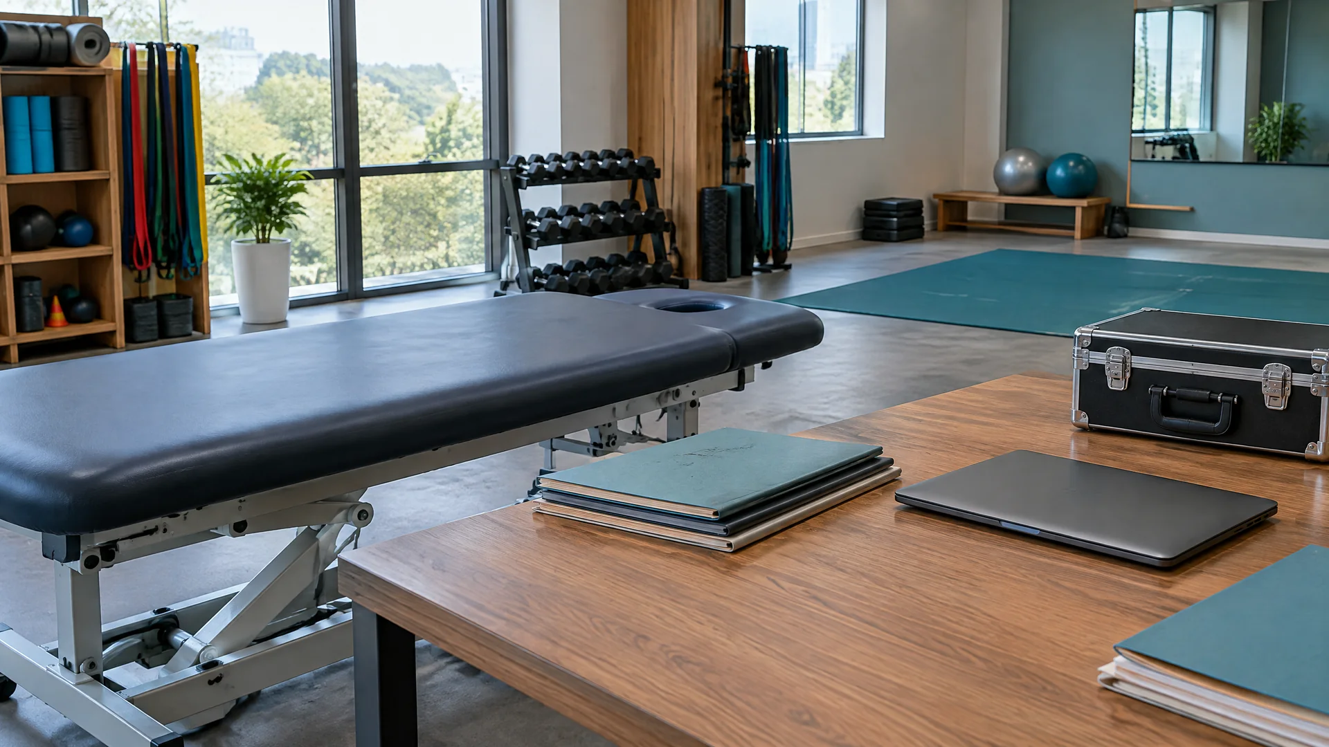 Unbranded sports-science procurement workspace with an equipment case and blank folders.