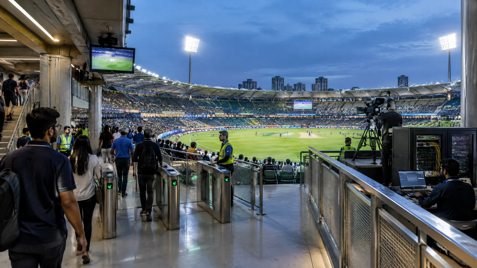 Live cricket stadium operations combine turnstiles, broadcast cameras and network equipment