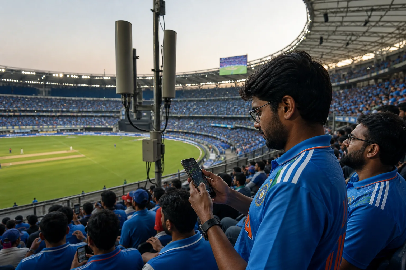 Fans in team jerseys using phones in a football or cricket stadium stand, with visible small-cell antennas and the playing field below