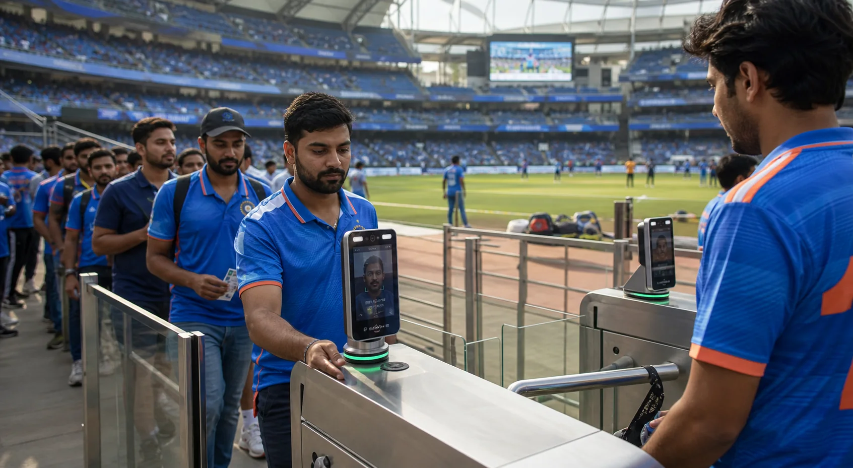 A biometric entry lane at an Indian cricket stadium, showing fans in team jerseys at turnstiles and a cricket ground visible behind them