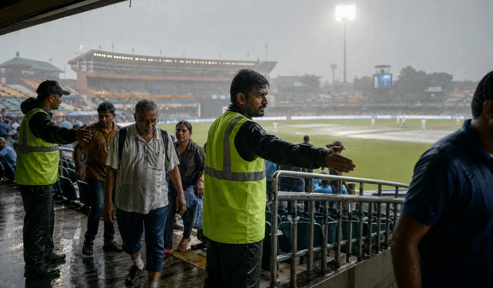Stewards guiding supporters from rain-soaked stadium seating into a covered concourse, with a visible cricket or football pitch and heavy monsoon rain