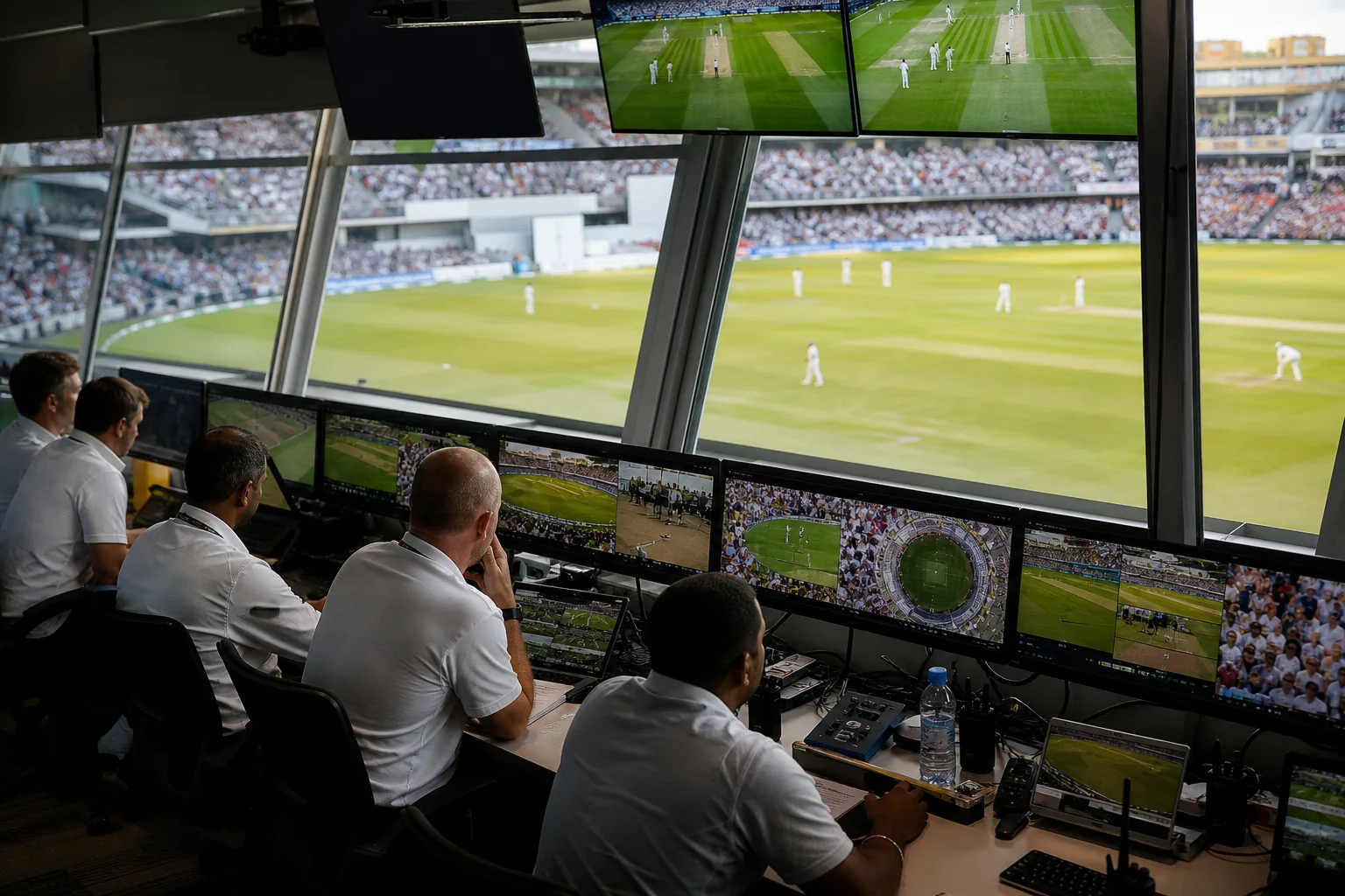 Stadium operations staff in a command centre viewing live feeds of a football or cricket match, crowd zones, and the clearly visible playing field