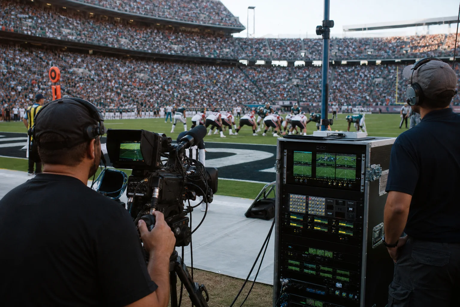 Broadcast cameras and an IP production rack on the sideline of a live football or cricket match, with athletes and the marked field in frame