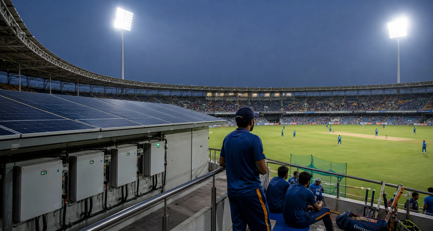 Solar panels, batteries, and floodlights integrated around an Indian football or cricket stadium with a clearly visible pitch and seating bowl