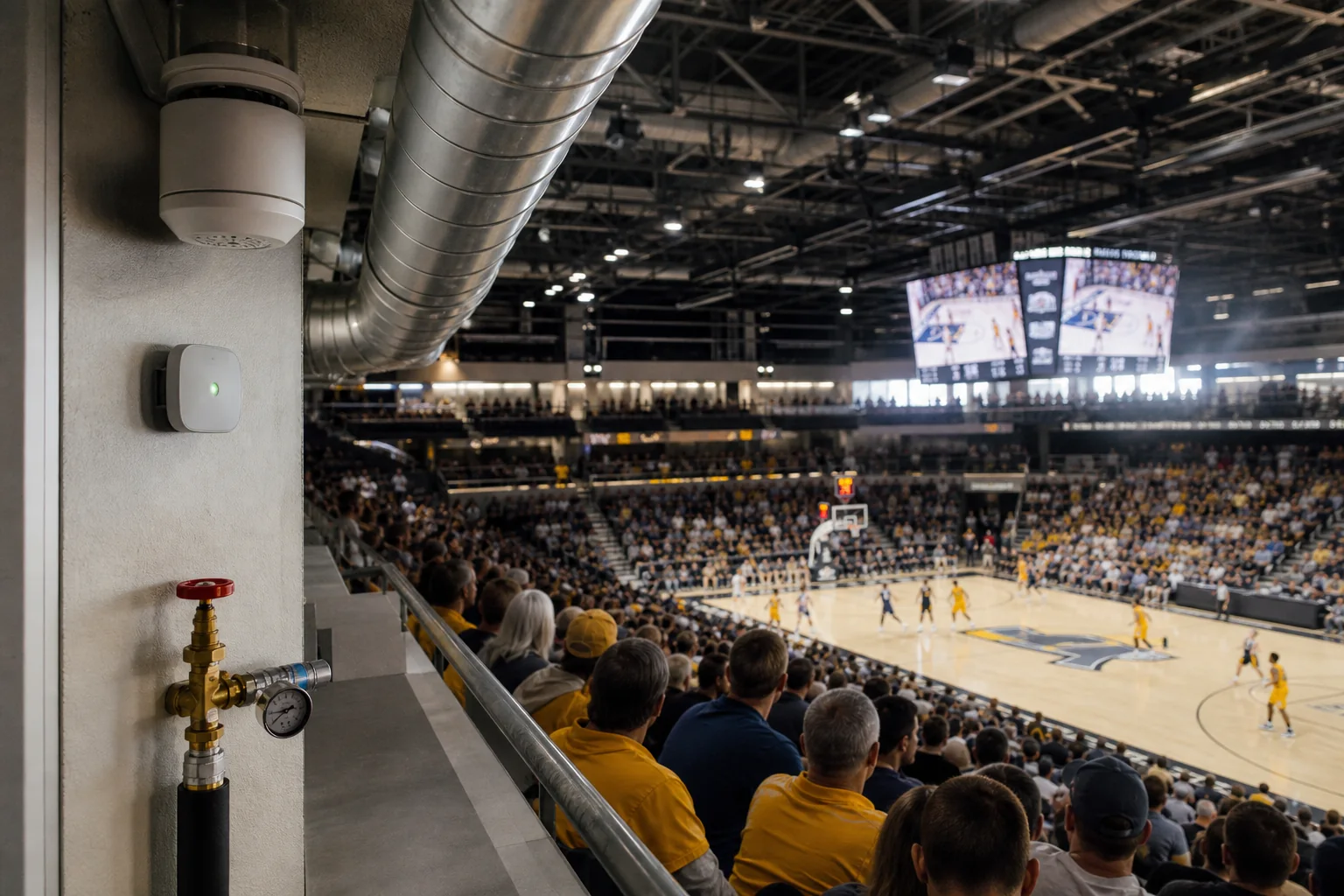 An indoor sports arena with visible basketball court and seating, alongside clearly installed ventilation ducts, water systems, and occupancy sensors
