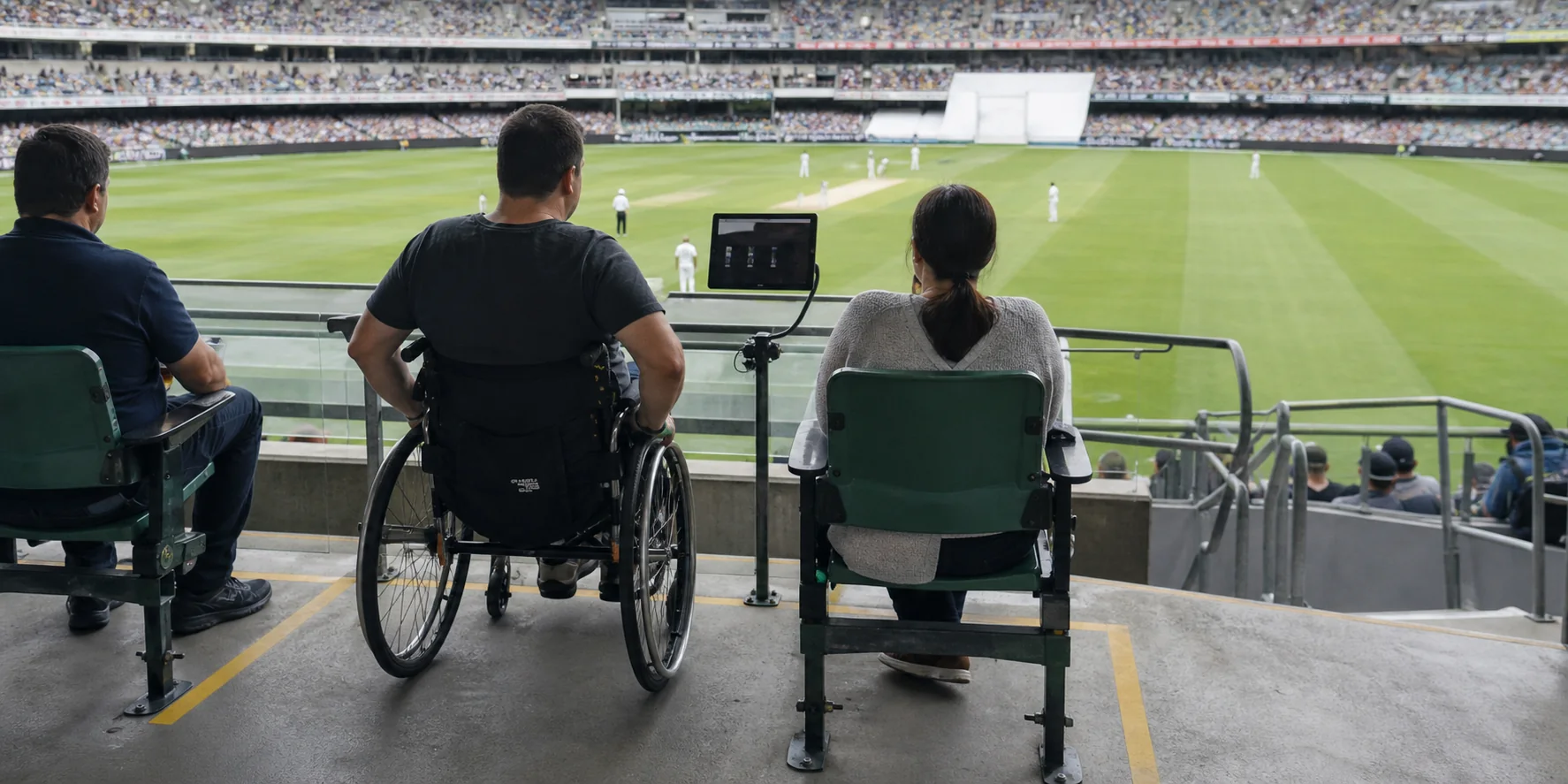 A designated wheelchair and companion seating platform overlooking a clearly marked football or cricket field, with adjacent stadium seating