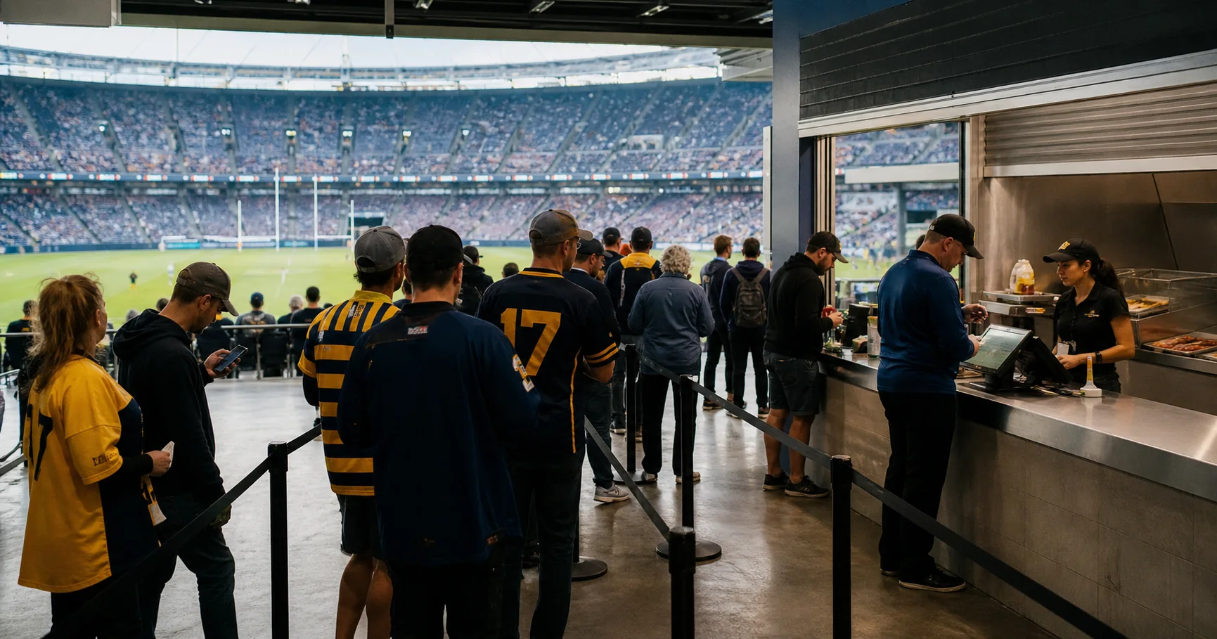 Fans in team jerseys queuing through clearly marked stadium entry lanes toward a concession stand, with the sports arena or pitch visible in context