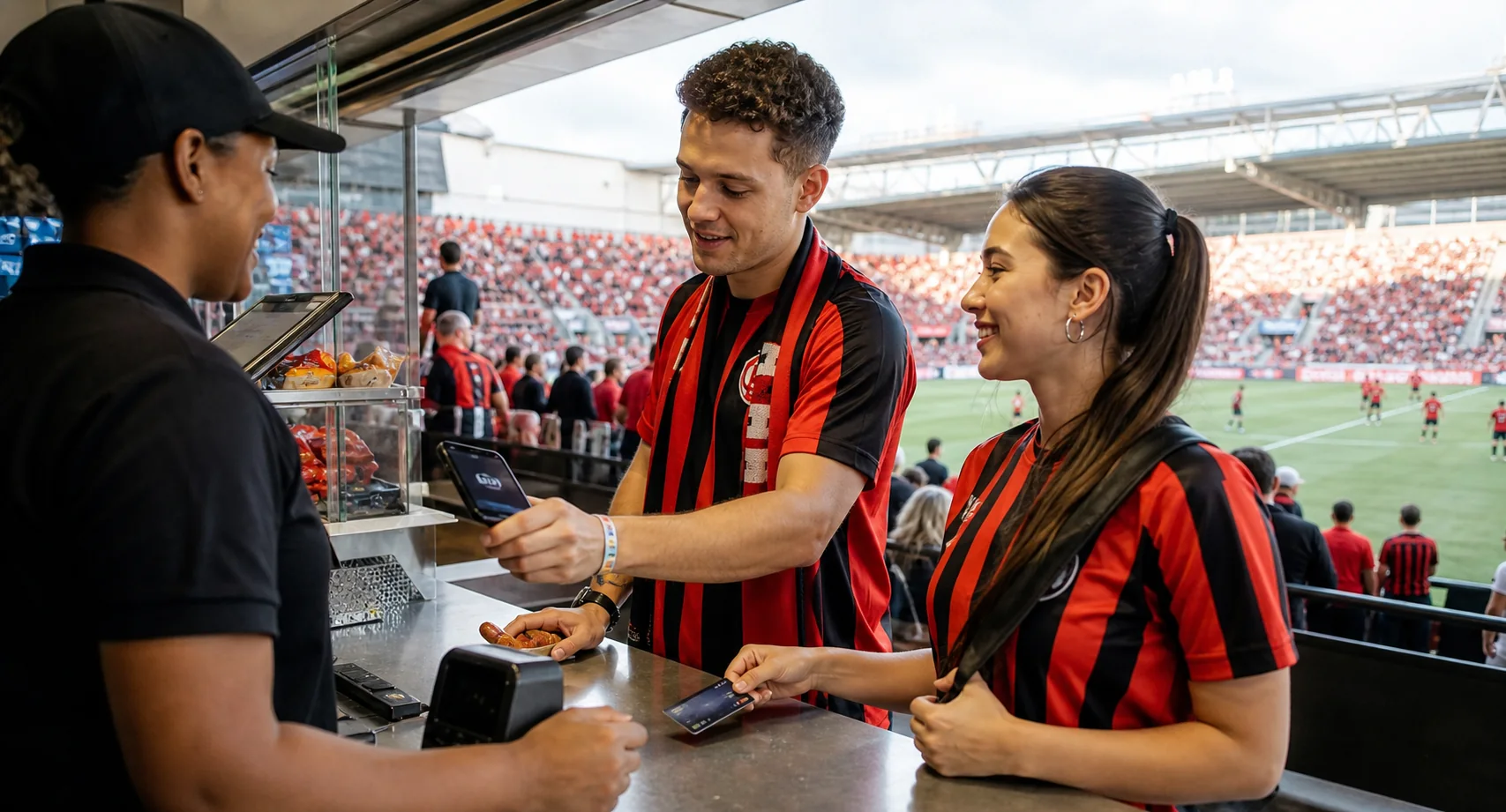 Supporters in club jerseys paying by phone and card at a stadium concession counter beside a sign for cash fallback, with the match venue visible beyond