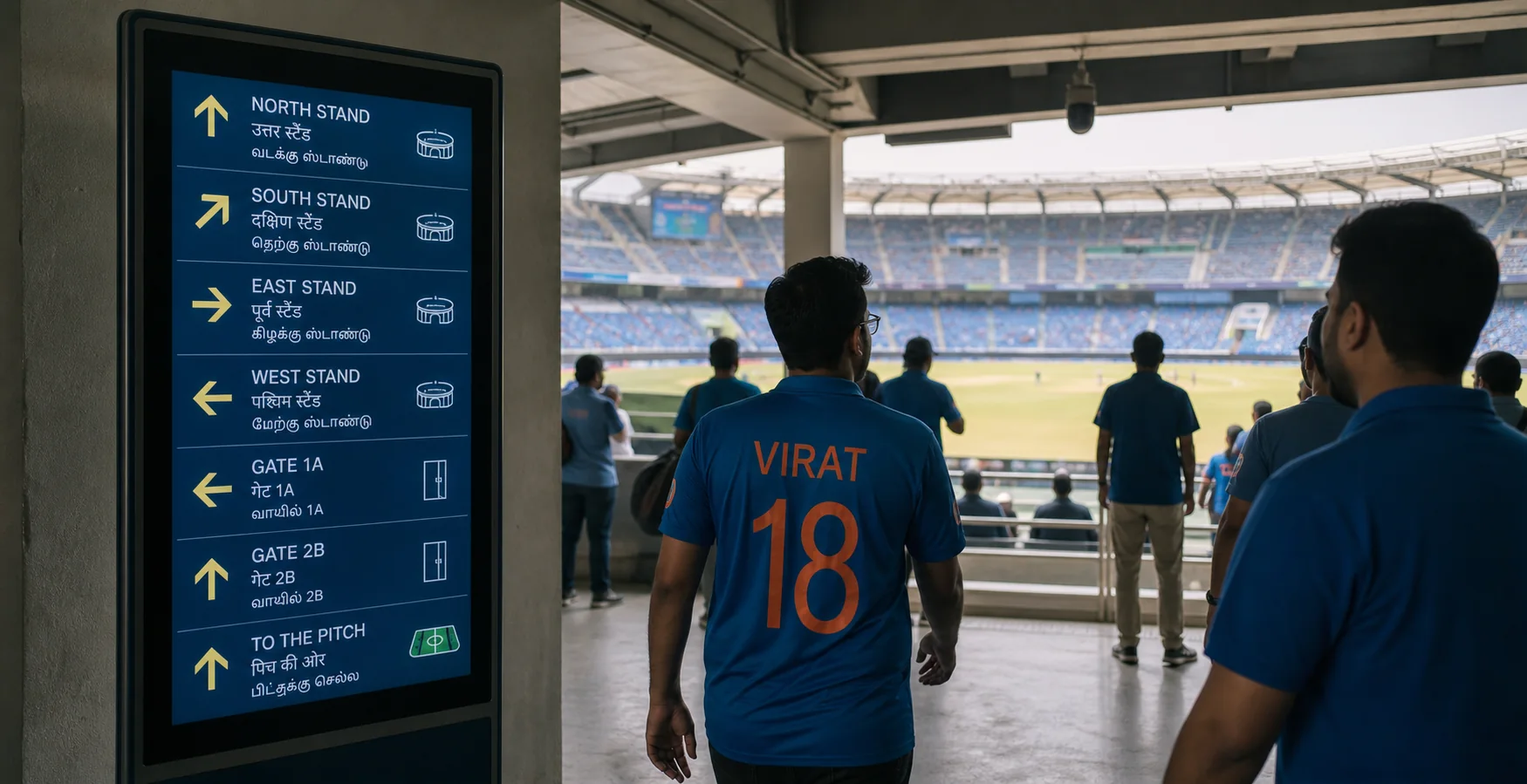 A multilingual digital wayfinding sign in an Indian cricket or football stadium concourse directing supporters toward named stands, gates, and the pitch