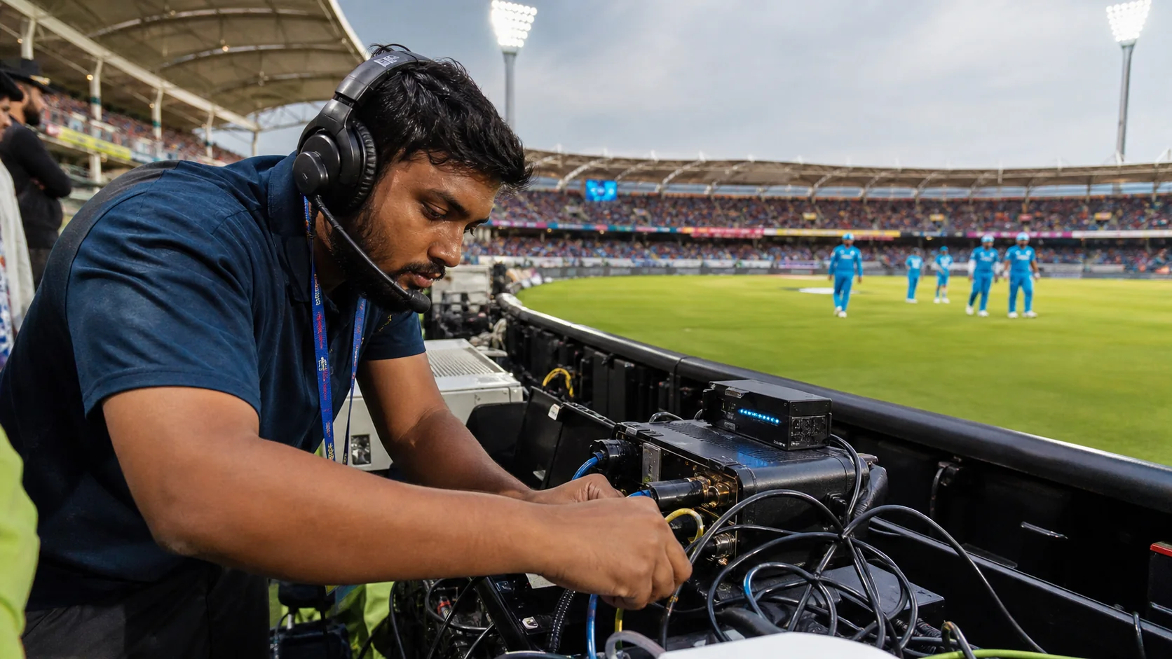 A stadium network technician securing connected equipment beside a football or cricket pitch, with visible stands, floodlights, and match operations