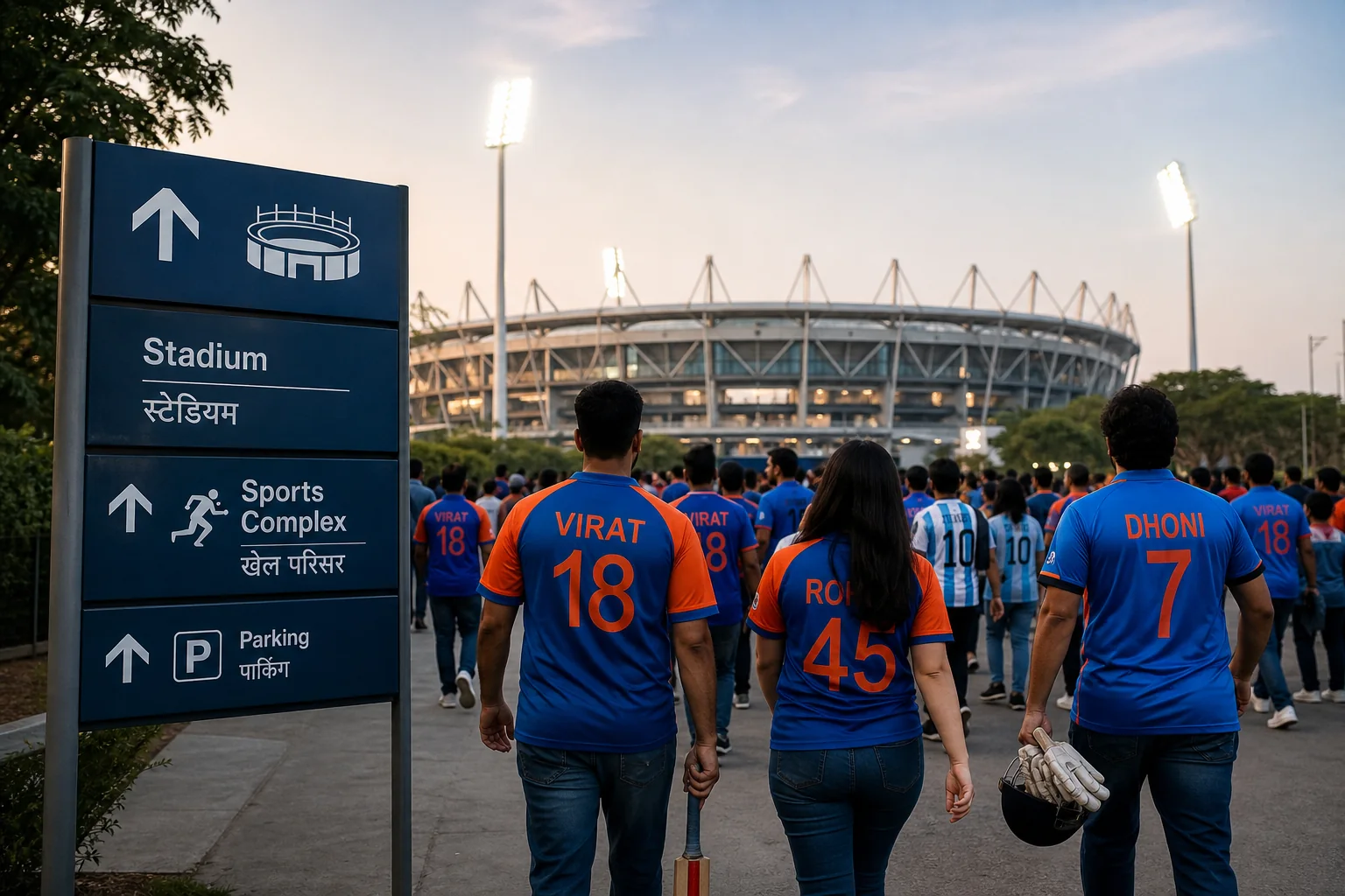 Supporters in team jerseys following prominent bilingual wayfinding signs toward an Indian cricket or football stadium, with the venue and floodlights visible ahead