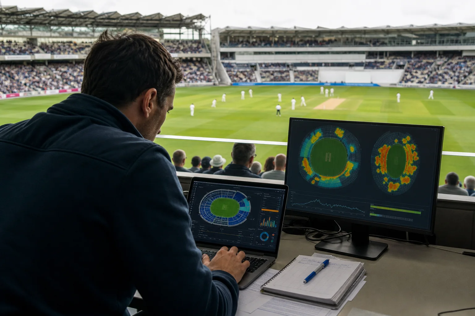 An operations analyst reviewing anonymised fan-flow information while a live football or cricket match, spectators, and a clearly identifiable stadium pitch are visible