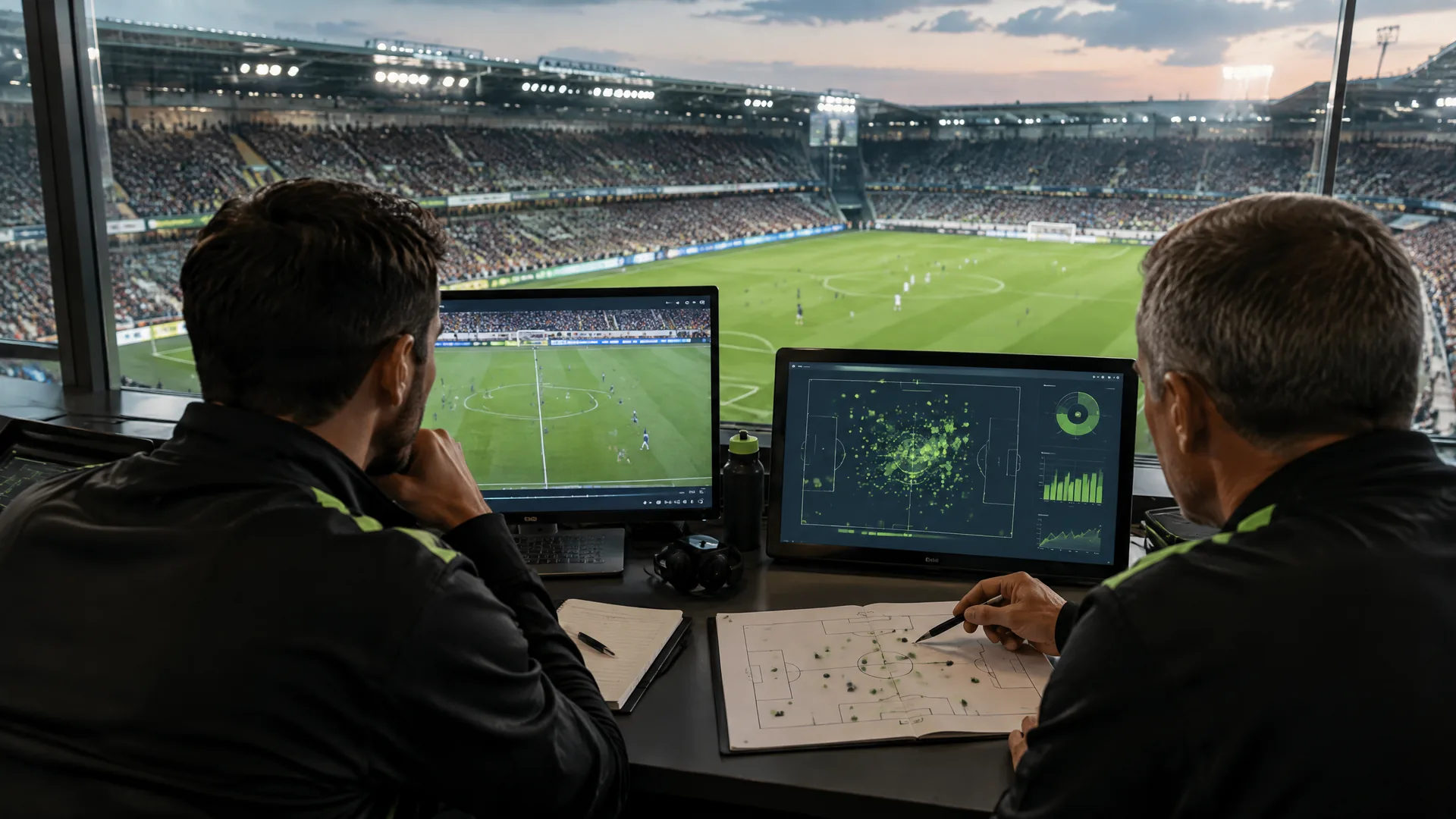 Football analysts compare match footage, spatial data and a pitch diagram from a stadium booth