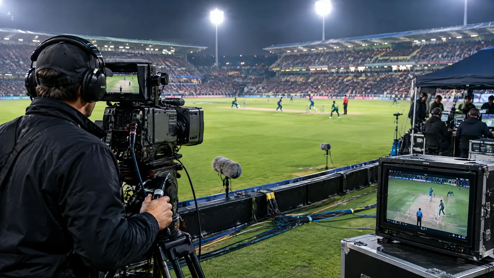 Camera operator films a live cricket match beside microphones, cables and a production monitor