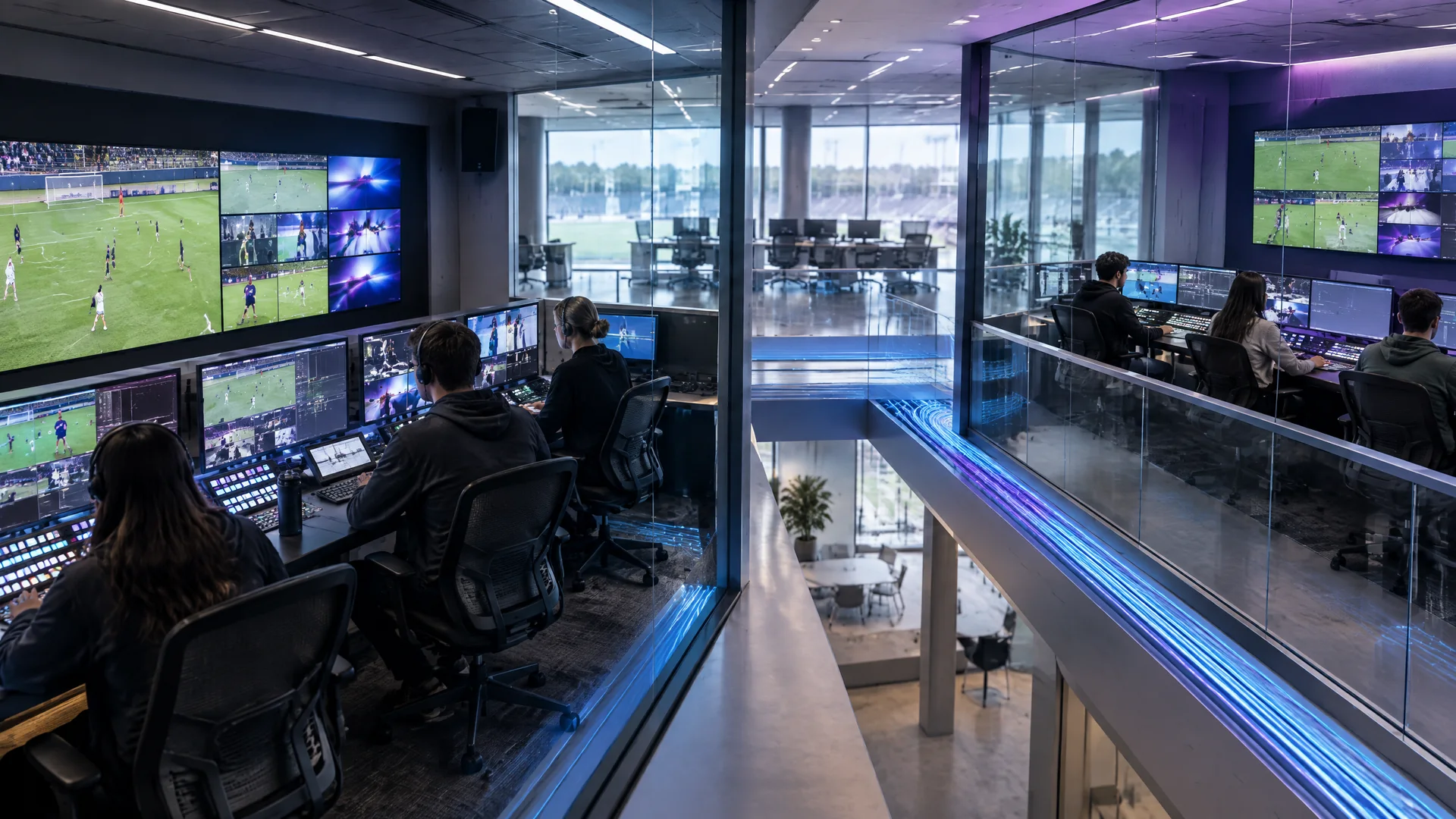 University sports production suite linking two active control rooms to a soccer venue.
