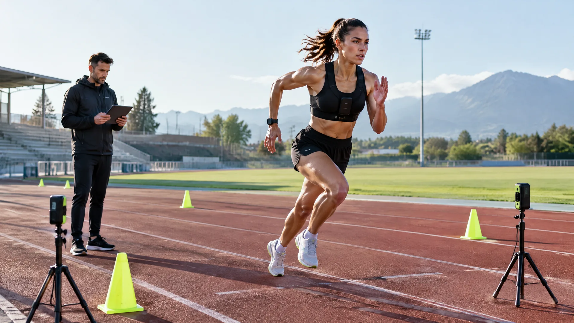 Track athlete wearing performance sensors during a measured sprint session with a coach