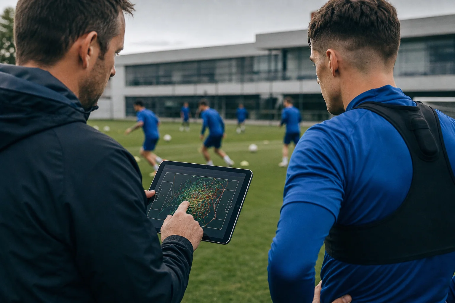 A football player wearing a GPS vest during a pitch training drill, with a coach reviewing that player's field-position and running-route map