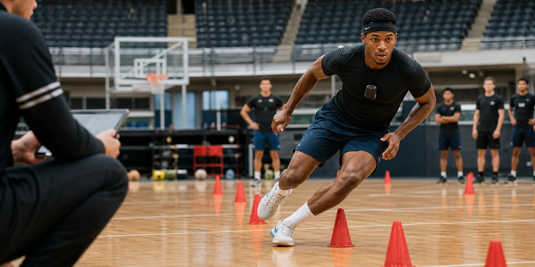 An athlete performing a change-of-direction drill through cones in an indoor sports hall while wearing an inertial sensor