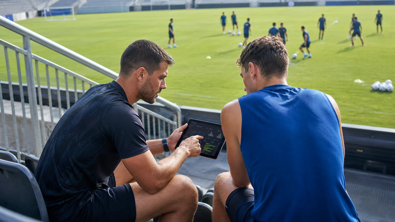 A team physiotherapist discussing recovery readings privately with an athlete beside a training pitch or in a sports clinic
