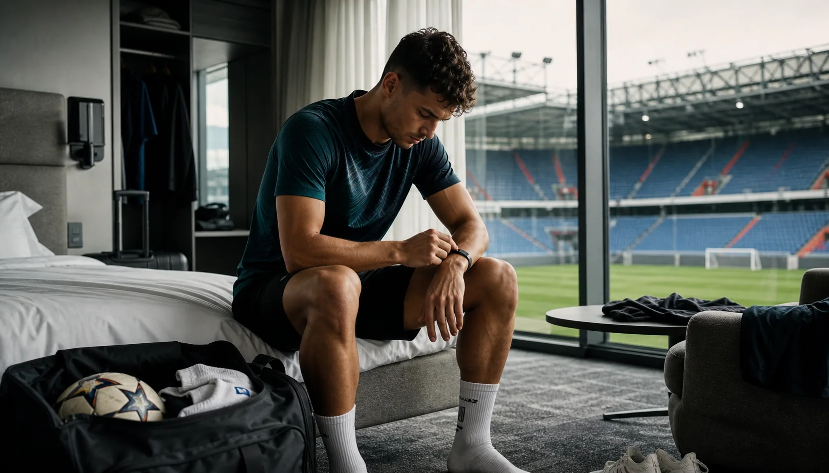 A travelling athlete in a team hotel room using a sleep wearable, with a packed kit bag or team training apparel visibly present