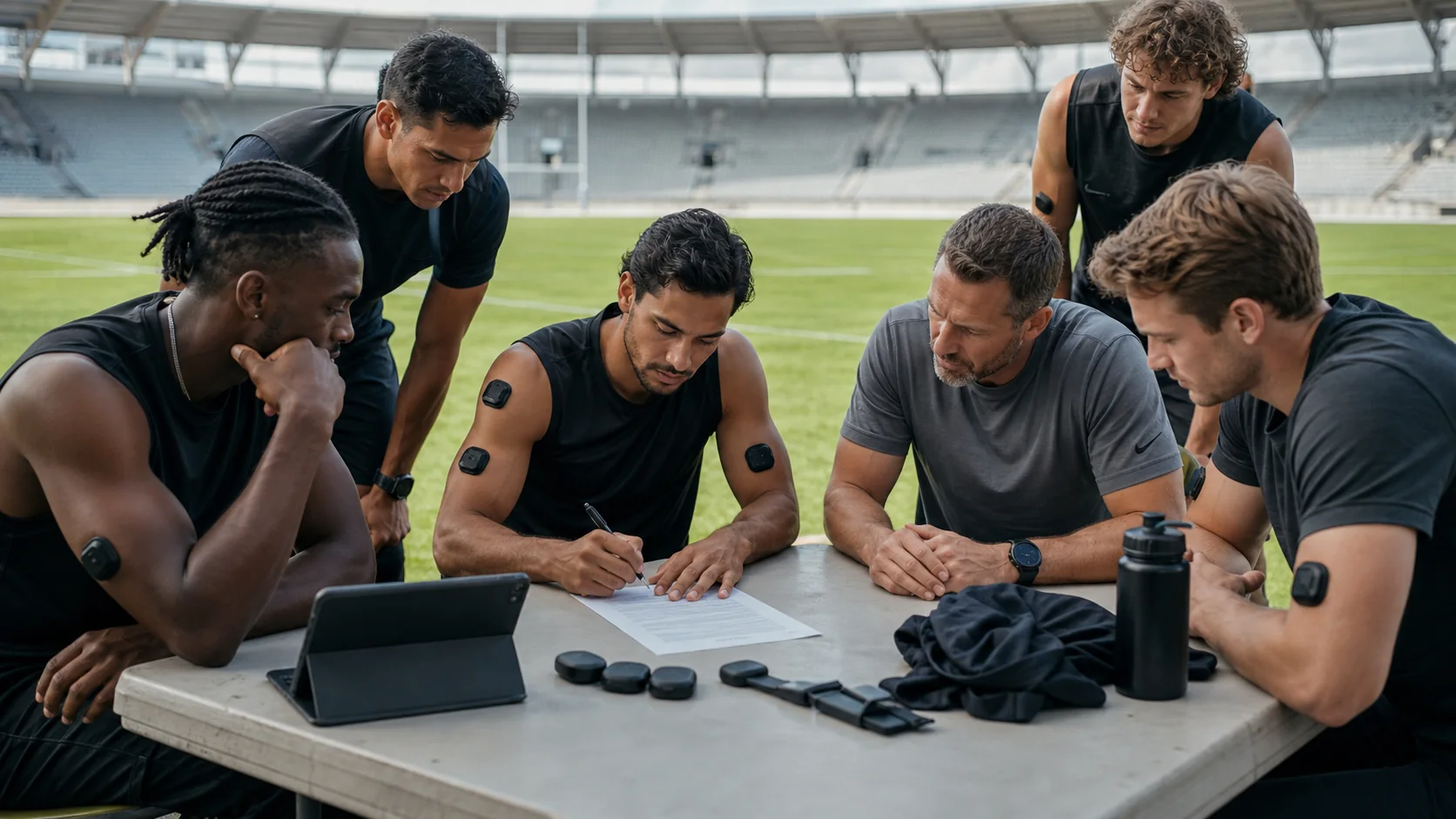 Athletes and coaching staff in a team meeting reviewing and signing a wearable-data consent or rights document, with training gear visible