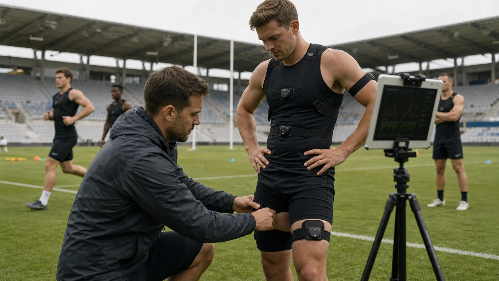 A sports scientist fitting and validating a tracker on an athlete during a controlled sprint or field-test session