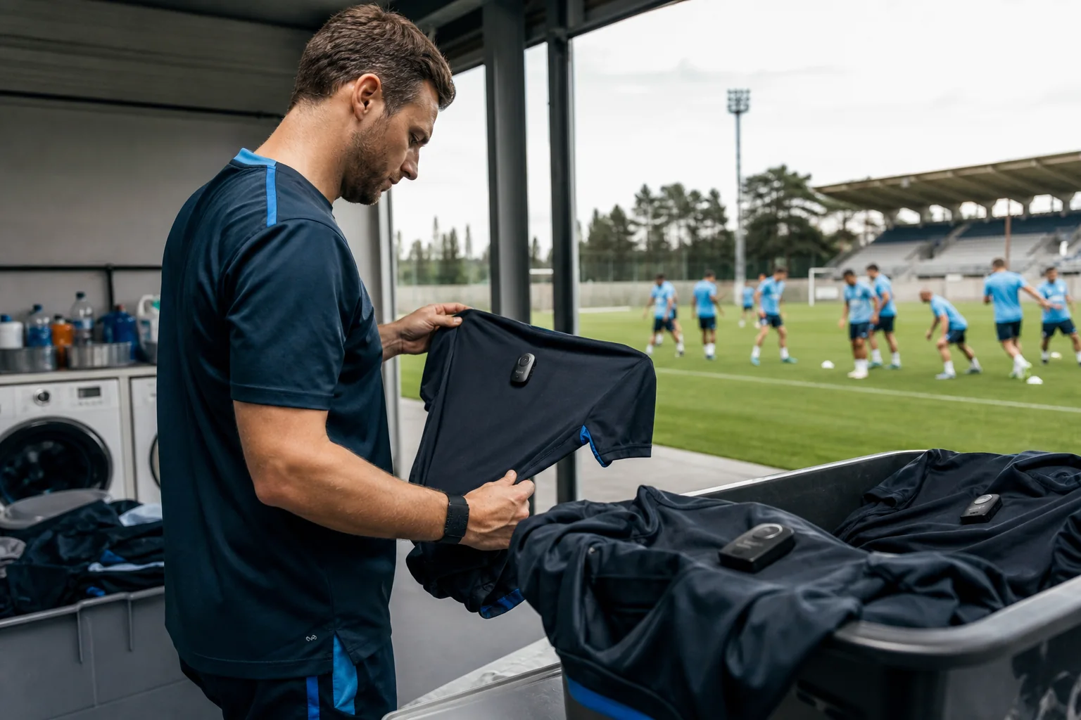 A staff member handling washable sensor-equipped team training shirts in a kit-room laundry area, with athletes training on a pitch in the background