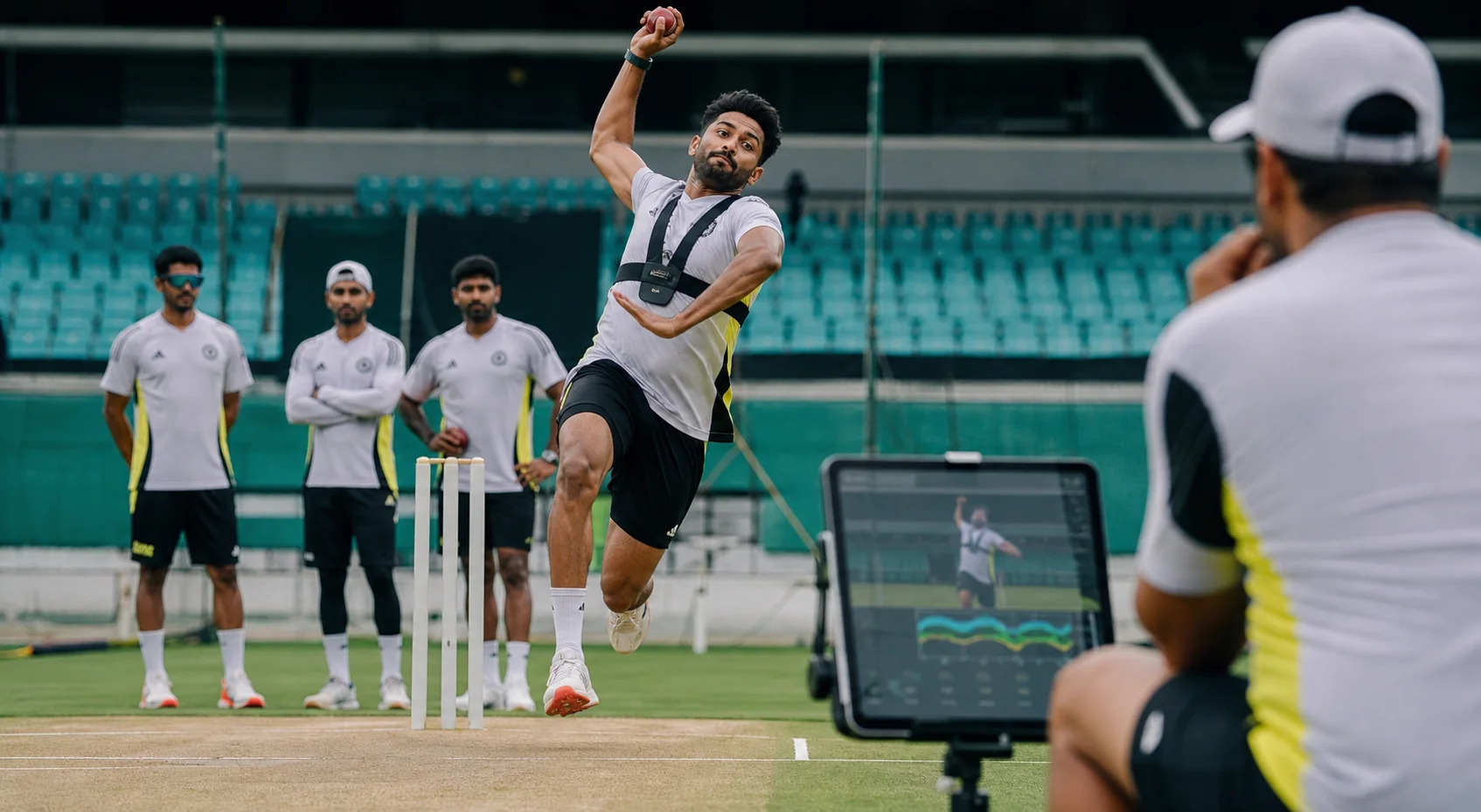 A fast bowler in full bowling action on a cricket pitch while wearing a tracking device, with stumps and teammates clearly visible