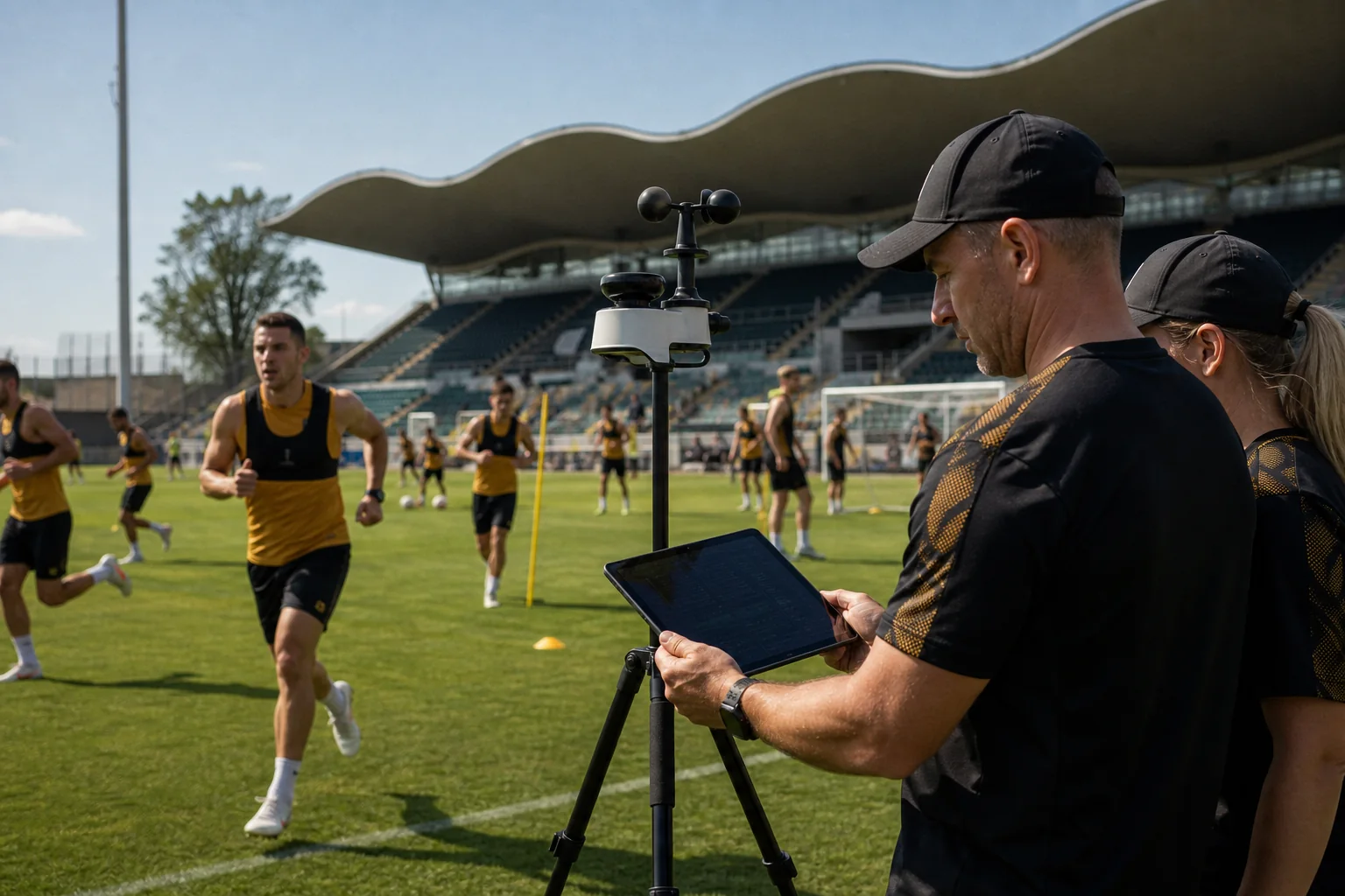 Athletes training on a sunlit outdoor track or football pitch while staff monitor a heat-and-humidity station and wearable data