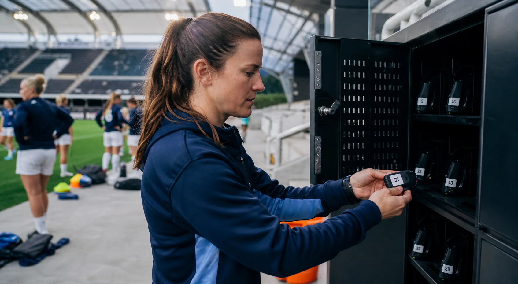 A sports scientist checking a labelled athlete tracker into a secure team equipment cabinet after training, with a pitch or training gear visible