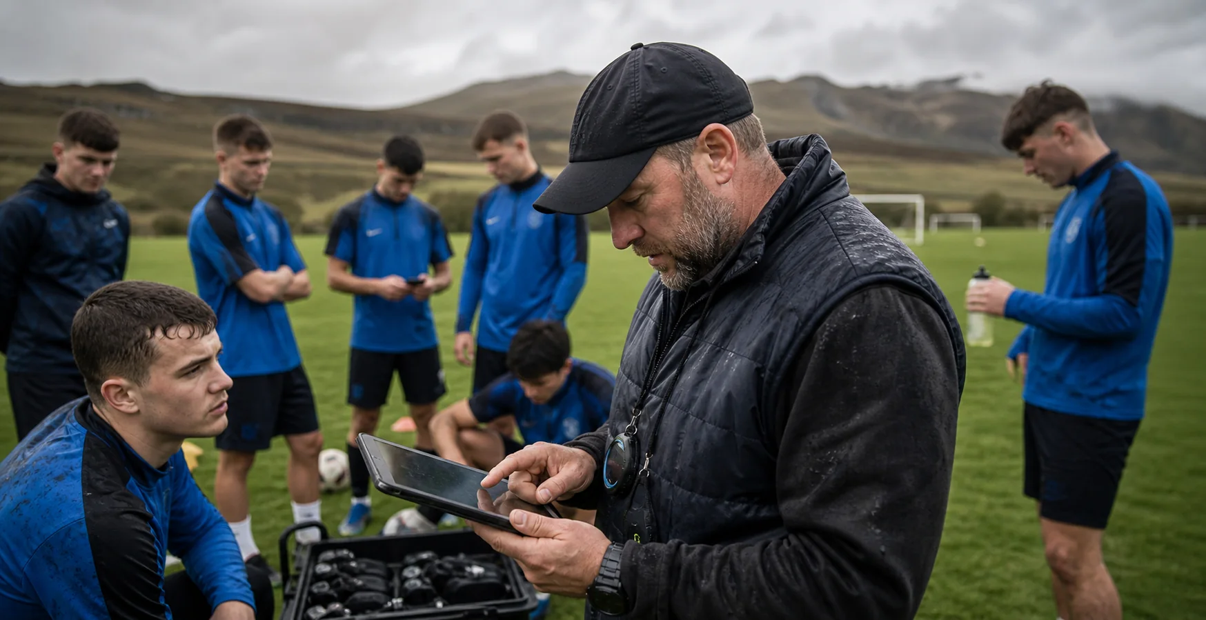 A coach at a rural football training field syncing athletes' GPS wearables to a phone or tablet with limited connectivity