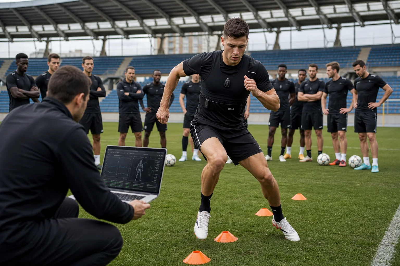 An athlete in a clearly visible cone-based agility and change-of-direction drill on a court or training pitch, wearing an inertial sensor