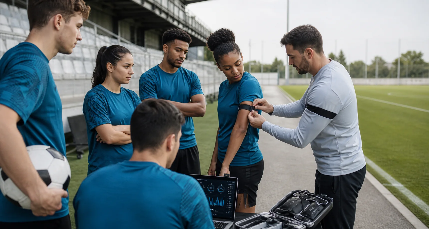 A diverse multi-language sports squad receiving a hands-on wearable fitting and instruction session beside a training field