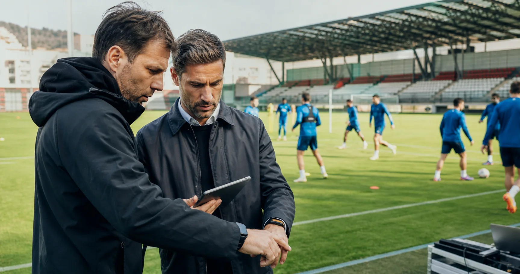 A coach and sports analyst comparing an athlete's wearable reading during a visible team practice session on a pitch