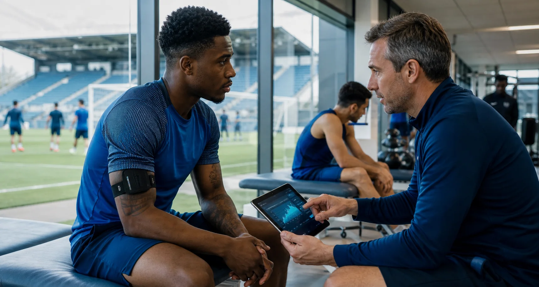 An athlete discussing sleep-data privacy with a team doctor in a club training facility, with sports kit and training area visible