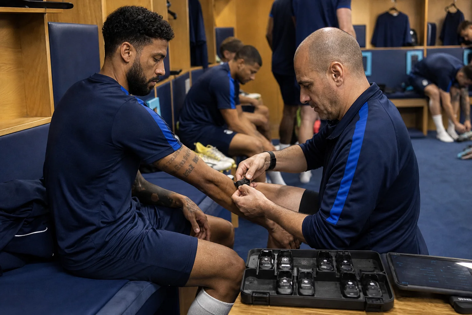 Team staff preparing and assigning charged wearables to athletes in a stadium changing room before a tournament match